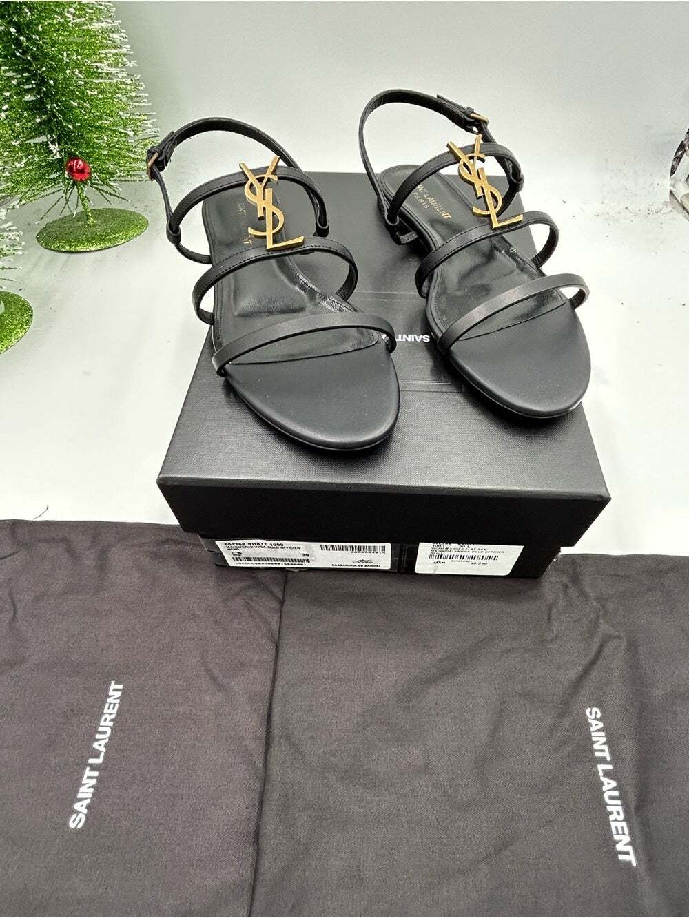 Women's Saint Laurent CASSANDRA Black Leather Sandals with Gold YSL size 39
